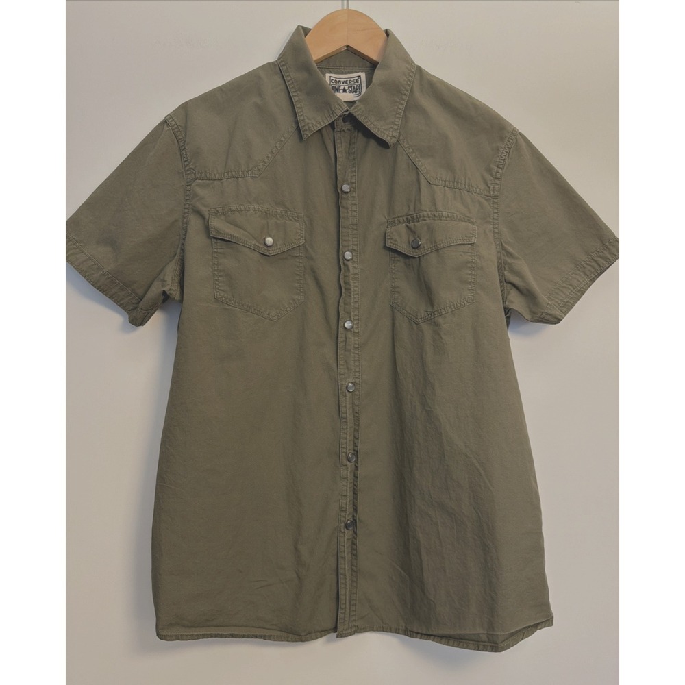 Converse One Star Pearl Snap Button Up Shirt Mens Size M Olive Green Preppy